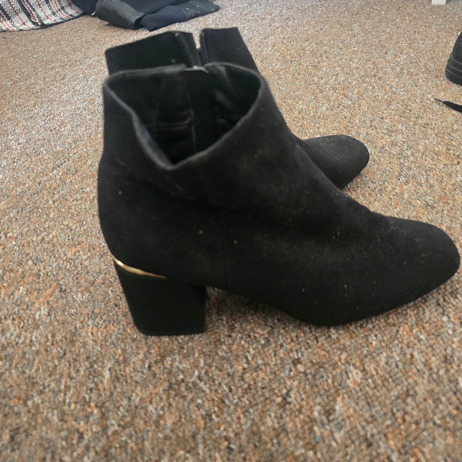 Black Suede Effect Ankle Boots with Gold Accent Heel - Size 39 UK 6, side zip, block heel