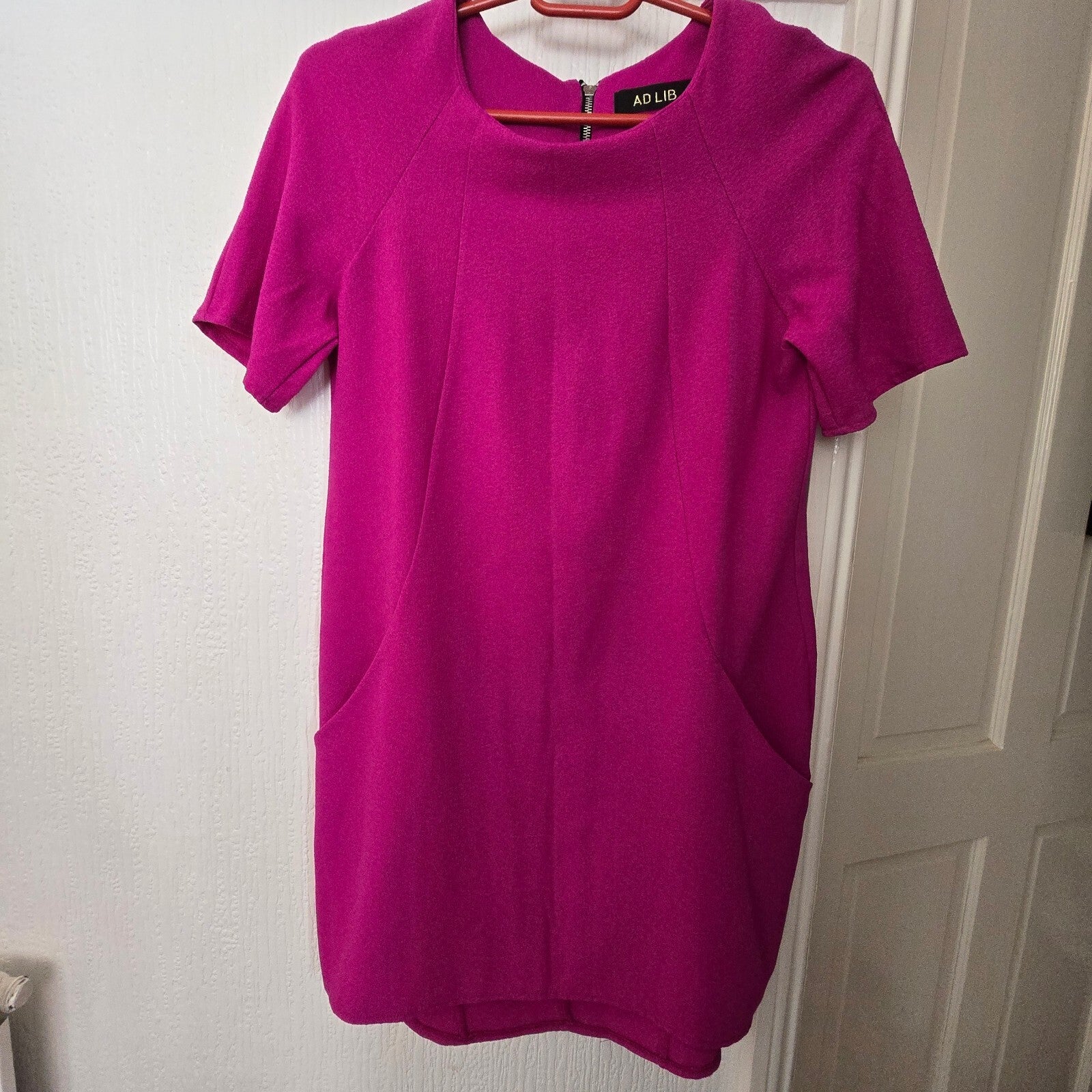 AD LIB Bright Pink Short Sleeve Shift Dress with Front Pockets, size 12