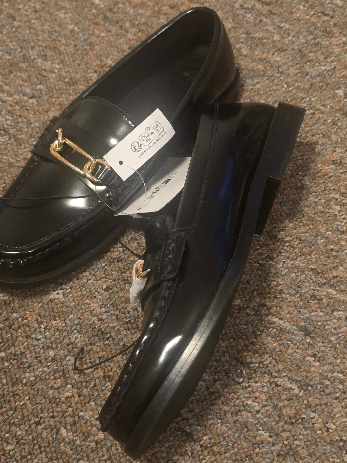 Black Patent Leather Loafers with Gold Chain Detail, bnwt, H&M Size 5, current