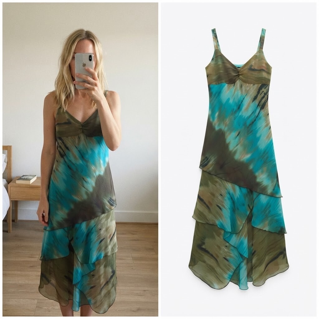 Per Una Elegant Blue and Brown Tie-Dye Layered Midi Dress Size 12, wedding, glam