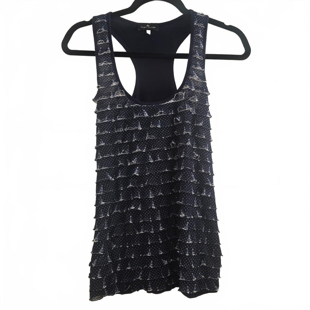 River Island Navy Blue Polka Dot Ruffle Racerback Tank Top Size 8, y2k