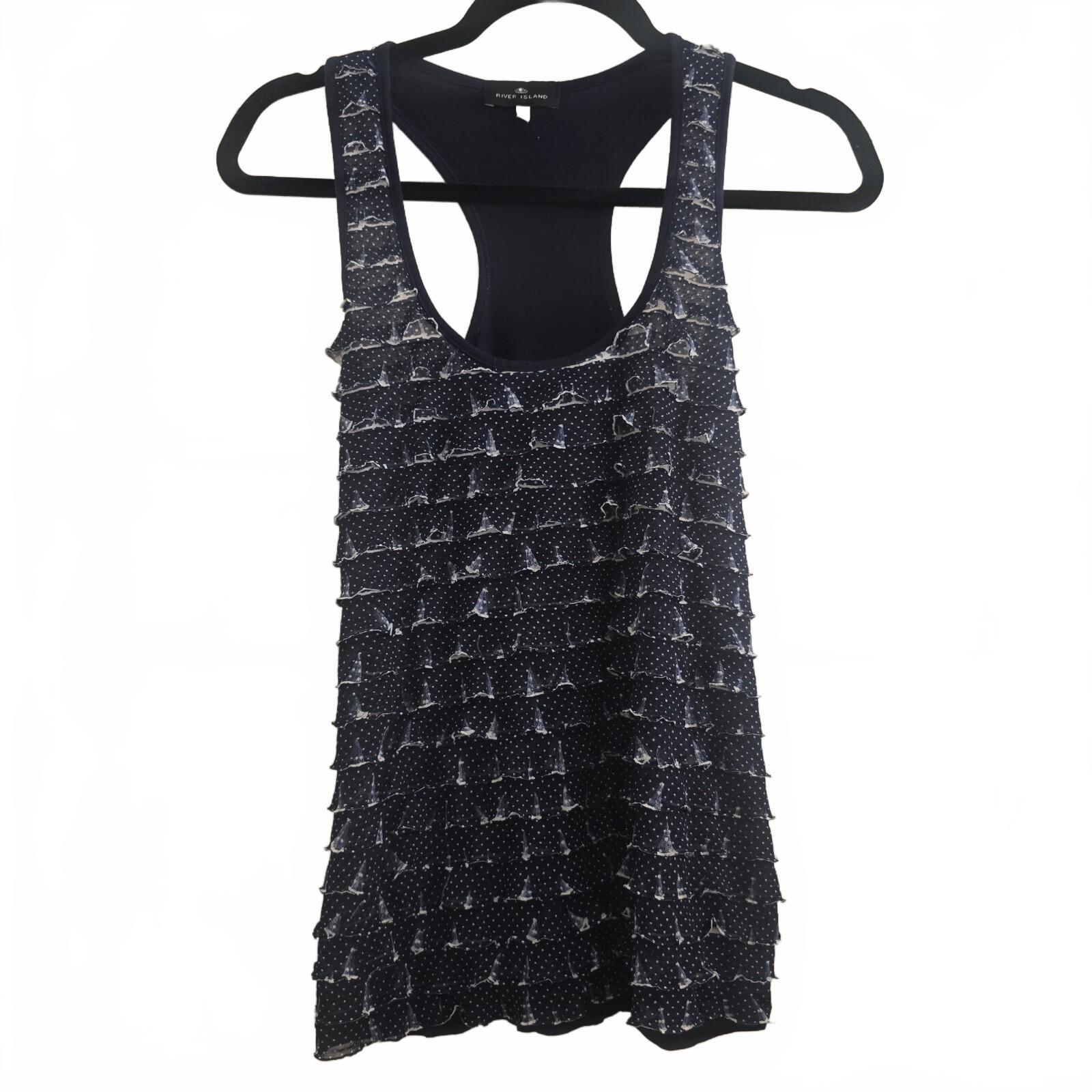 River Island Navy Blue Polka Dot Ruffle Racerback Tank Top Size 8, y2k