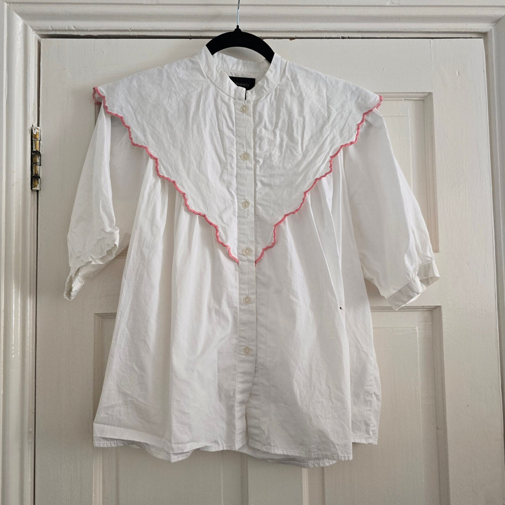 Seventy + Mochi Valentine Blouse White Organic Cotton Size 12, frill collar