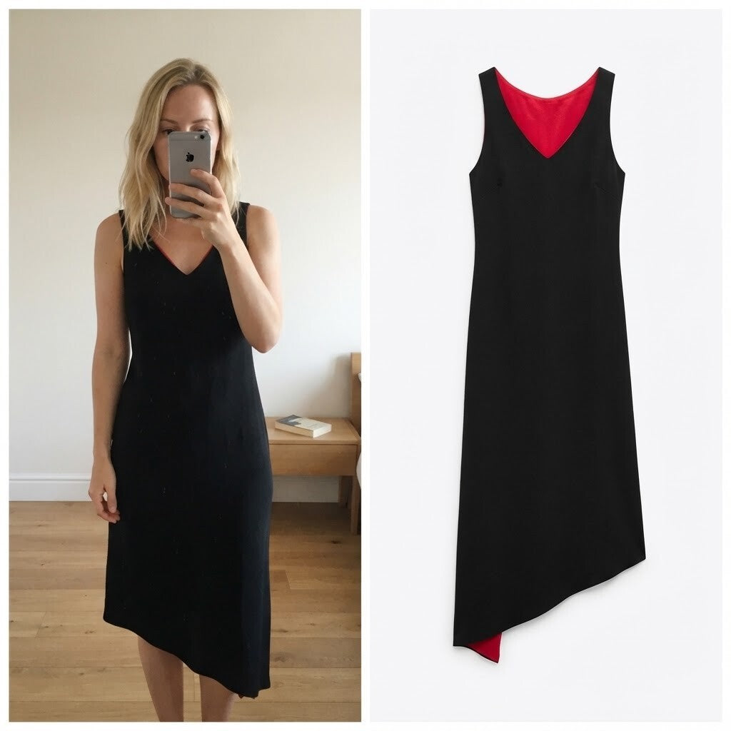 Roman Originals Black V-Neck Midi Dress with Red Lining and Lace Detail Size 12