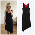 Roman Originals Black V-Neck Midi Dress with Red Lining and Lace Detail Size 12