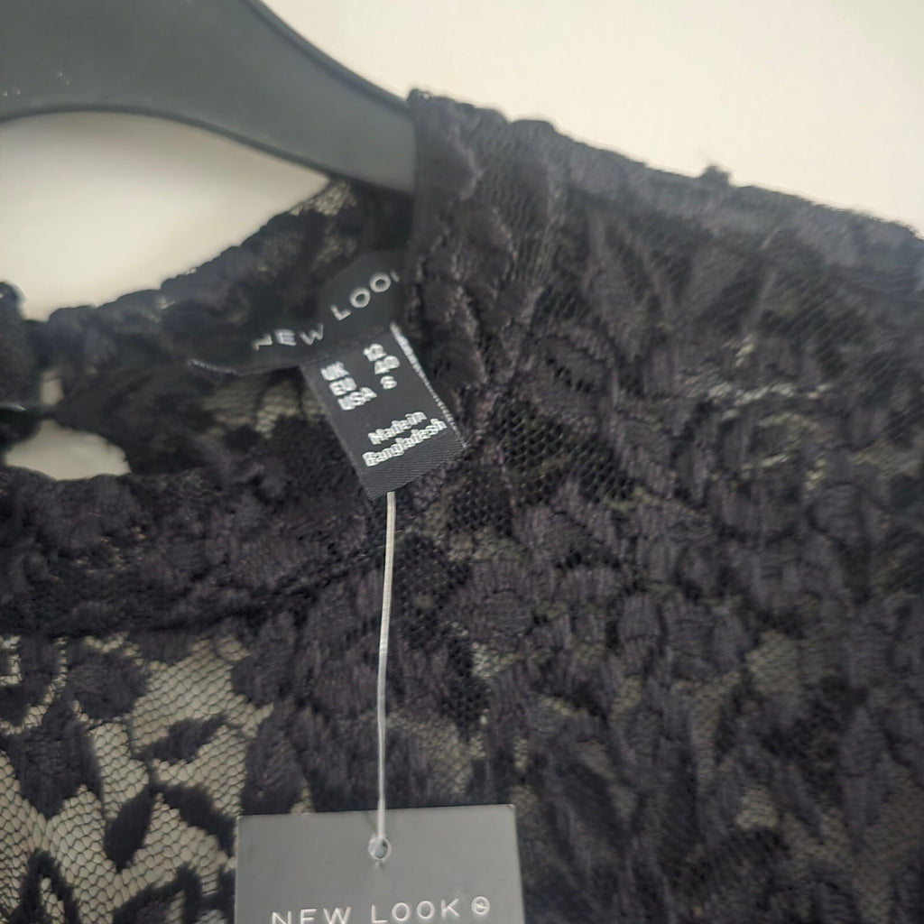 New Look Black Lace Long Sleeve Mini Bodycon Dress, cut out back, BNWT size 12