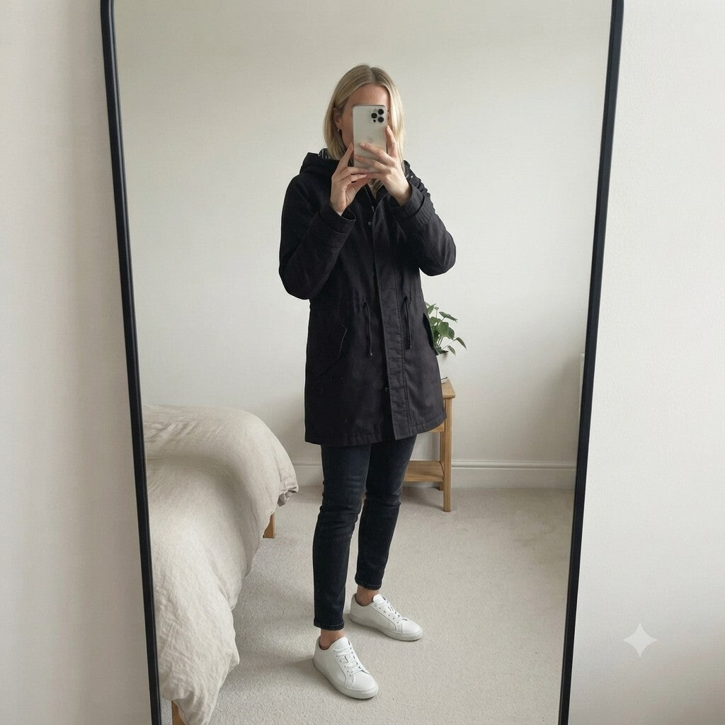 Uniqlo Black Hooded slighty padded warm Parka Coat, Size Small