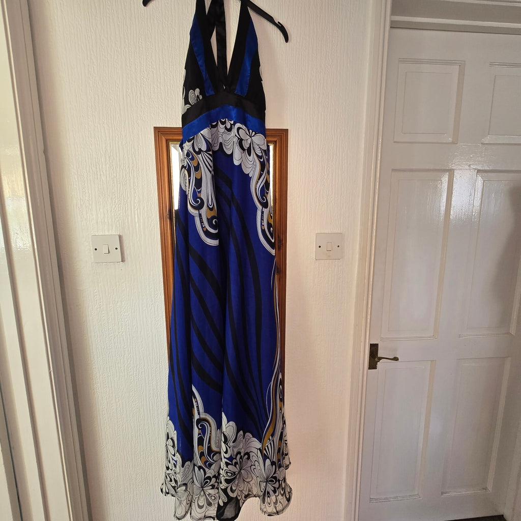 Tribeca Blue and Black Floral Halter Maxi Dress UK Size 8