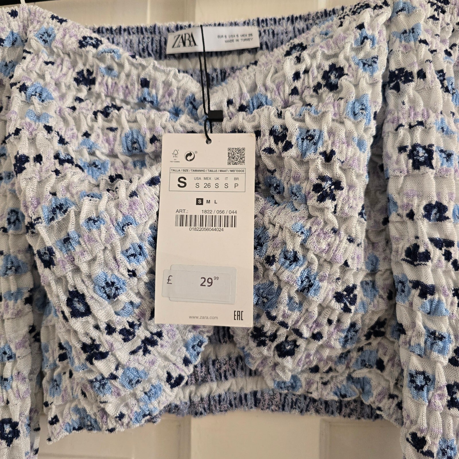 Zara Floral Smocked Off-Shoulder Crop Top Size S, BNWT, bandeau, strapless