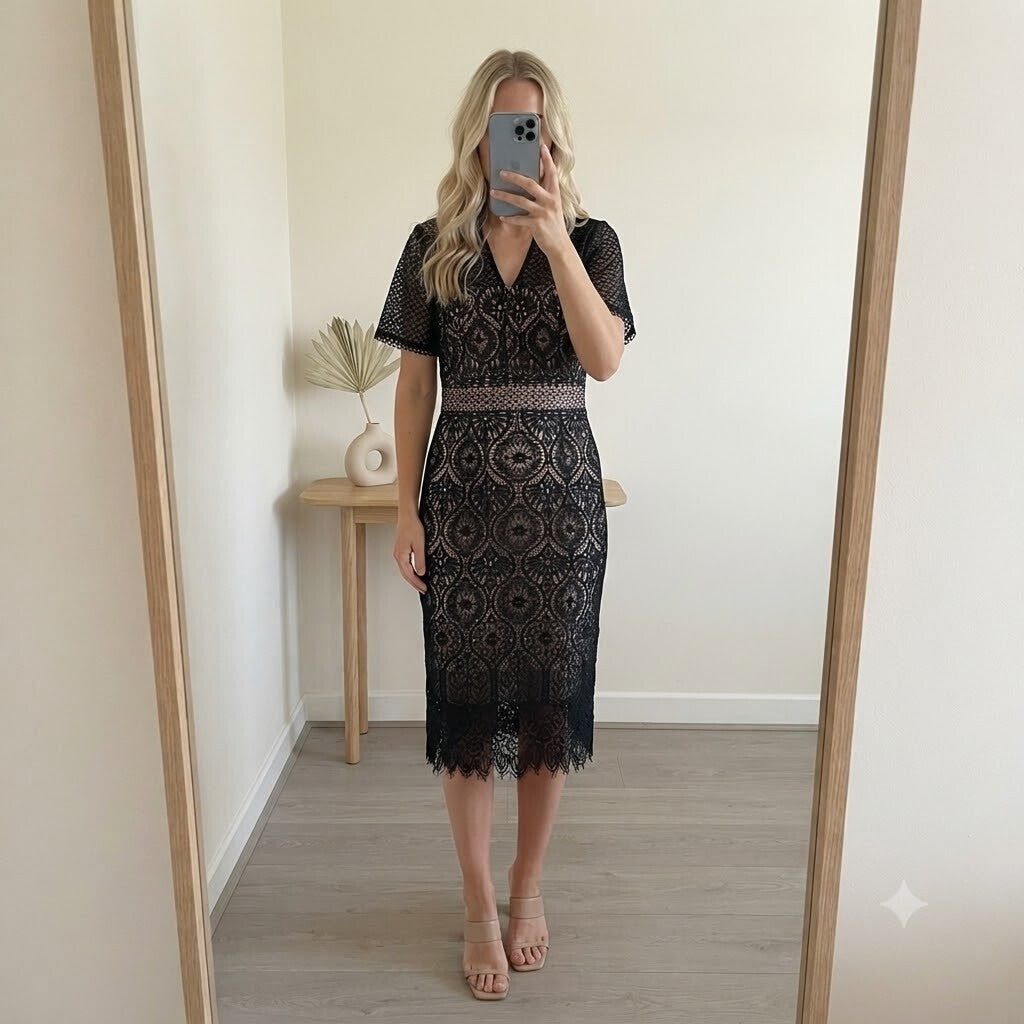 Elegant Black Lace Midi Dress with Nude Underlay and Zip Back, UK 16
