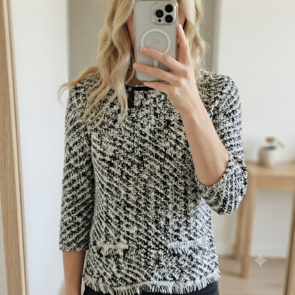 Karen Millen XS Black and White Knit Sweater Jumper with Fringe Detail BNWT, S