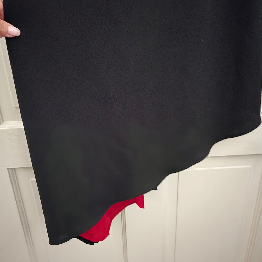 Roman Originals Black V-Neck Midi Dress with Red Lining and Lace Detail Size 12