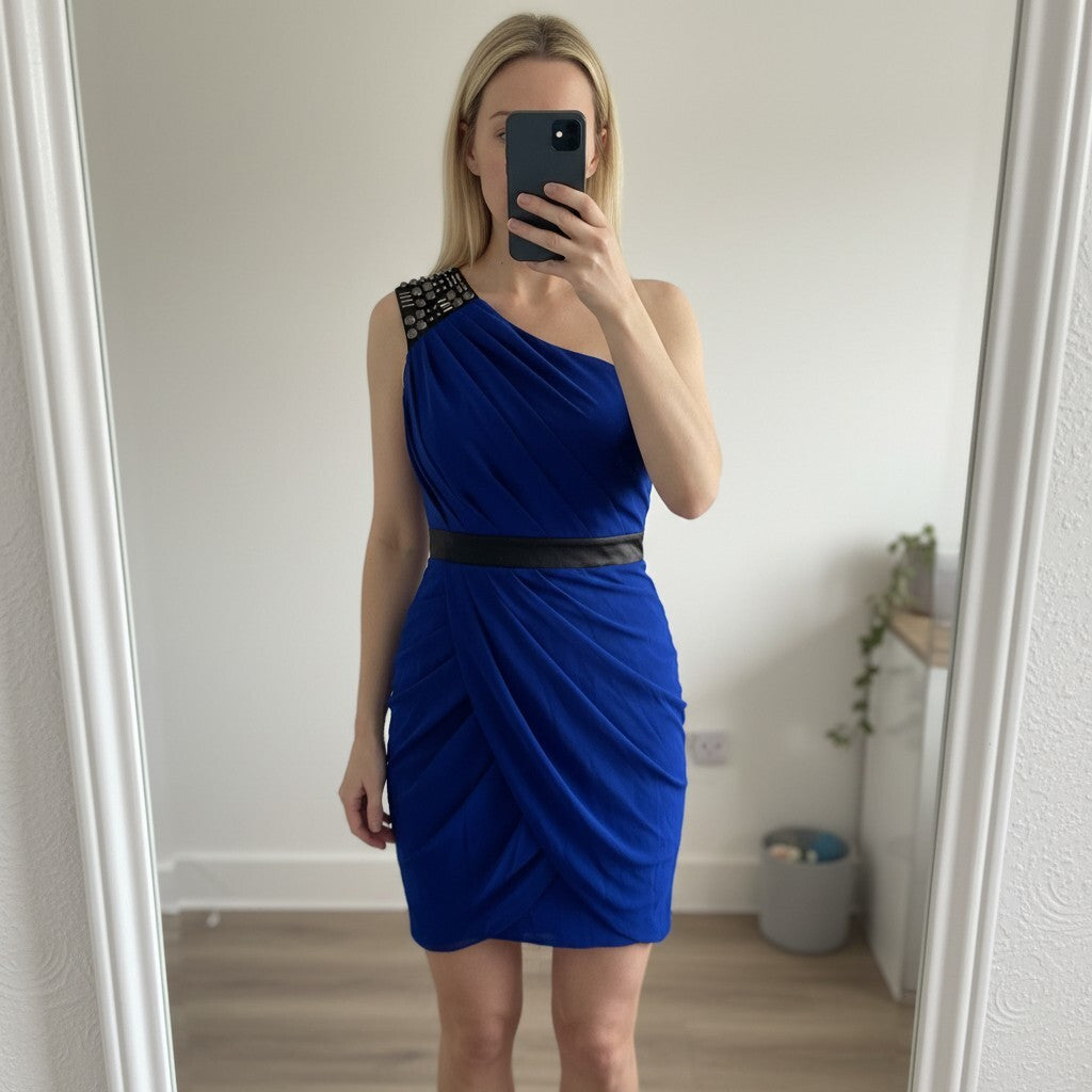 Lipsy Blue chiffon one shoulder mini dress, stud detailing, ruched, BNWT size 10