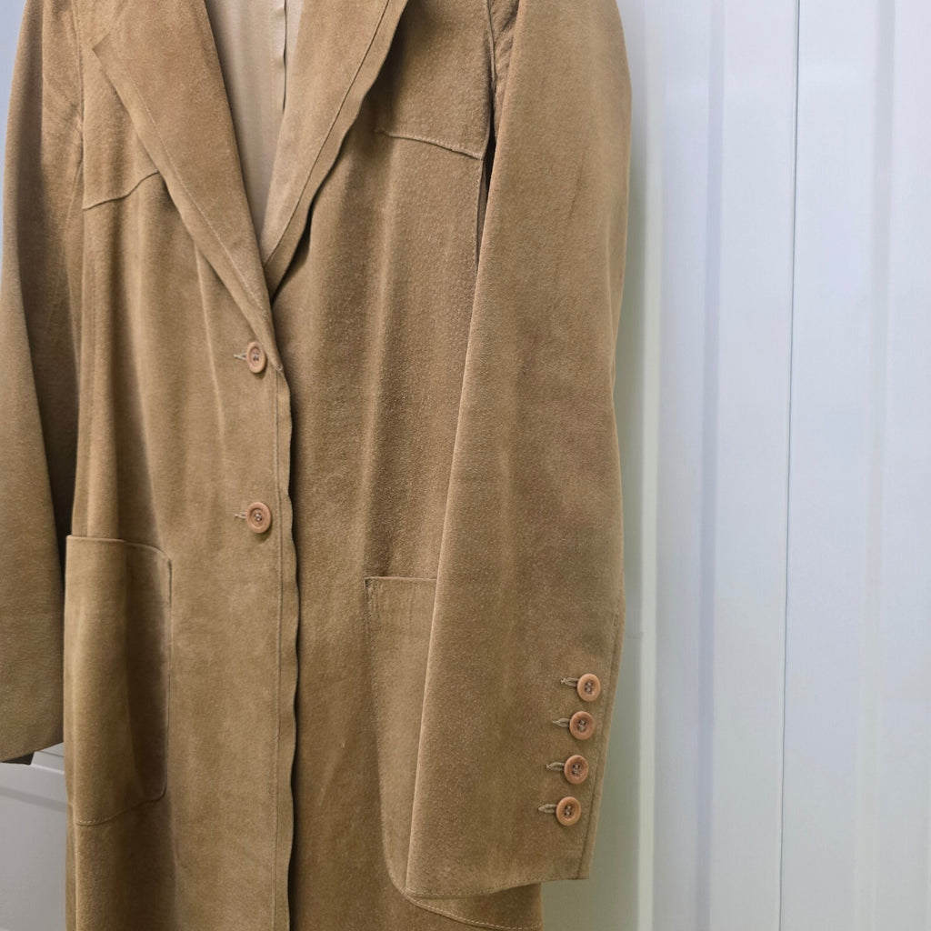 Jigsaw Tan Suede Leather Long Blazer Coat, Vintage, Luxury, Size 8