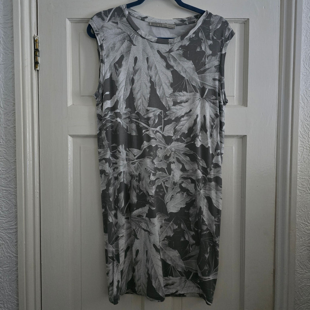 AllSaints Base Zonia Dress UK 12 US 8 EU 40 Grey Leaf Print Sleeveless