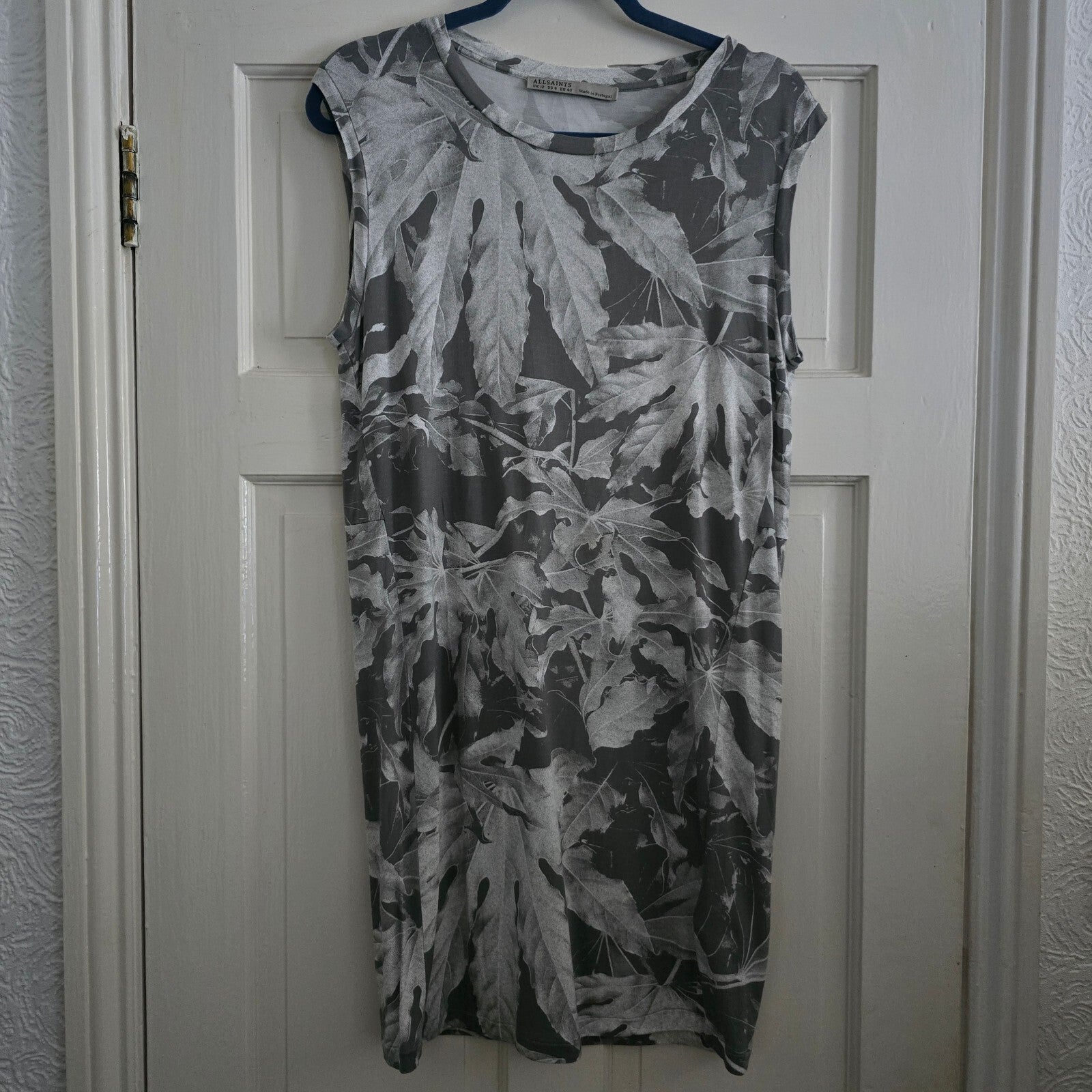 AllSaints Base Zonia Dress UK 12 US 8 EU 40 Grey Leaf Print Sleeveless