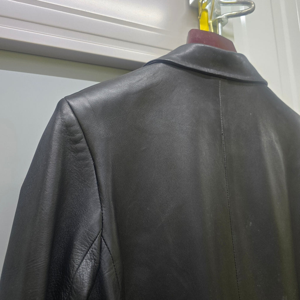 Jigsaw Black Soft Leather Long Coat Jacket Size 10, classic, timeless, luxury
