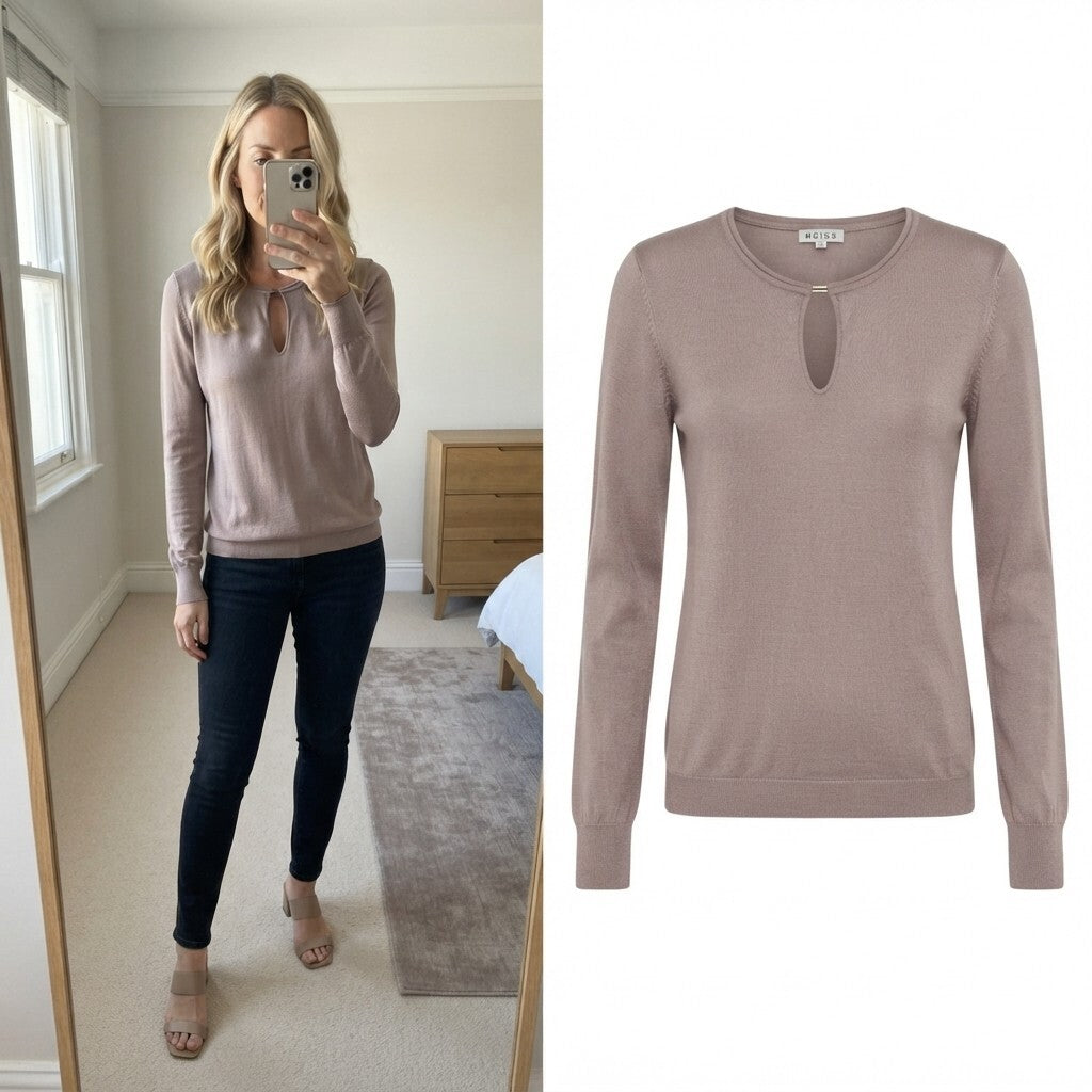Reiss Women's Beige Viscose Blend Jumper with Keyhole Detail, size M, luxury