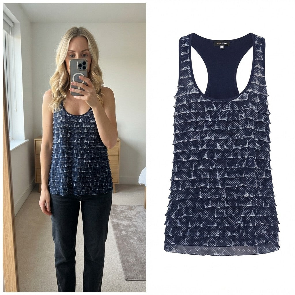 River Island Navy Blue Polka Dot Ruffle Racerback Tank Top Size 8, y2k