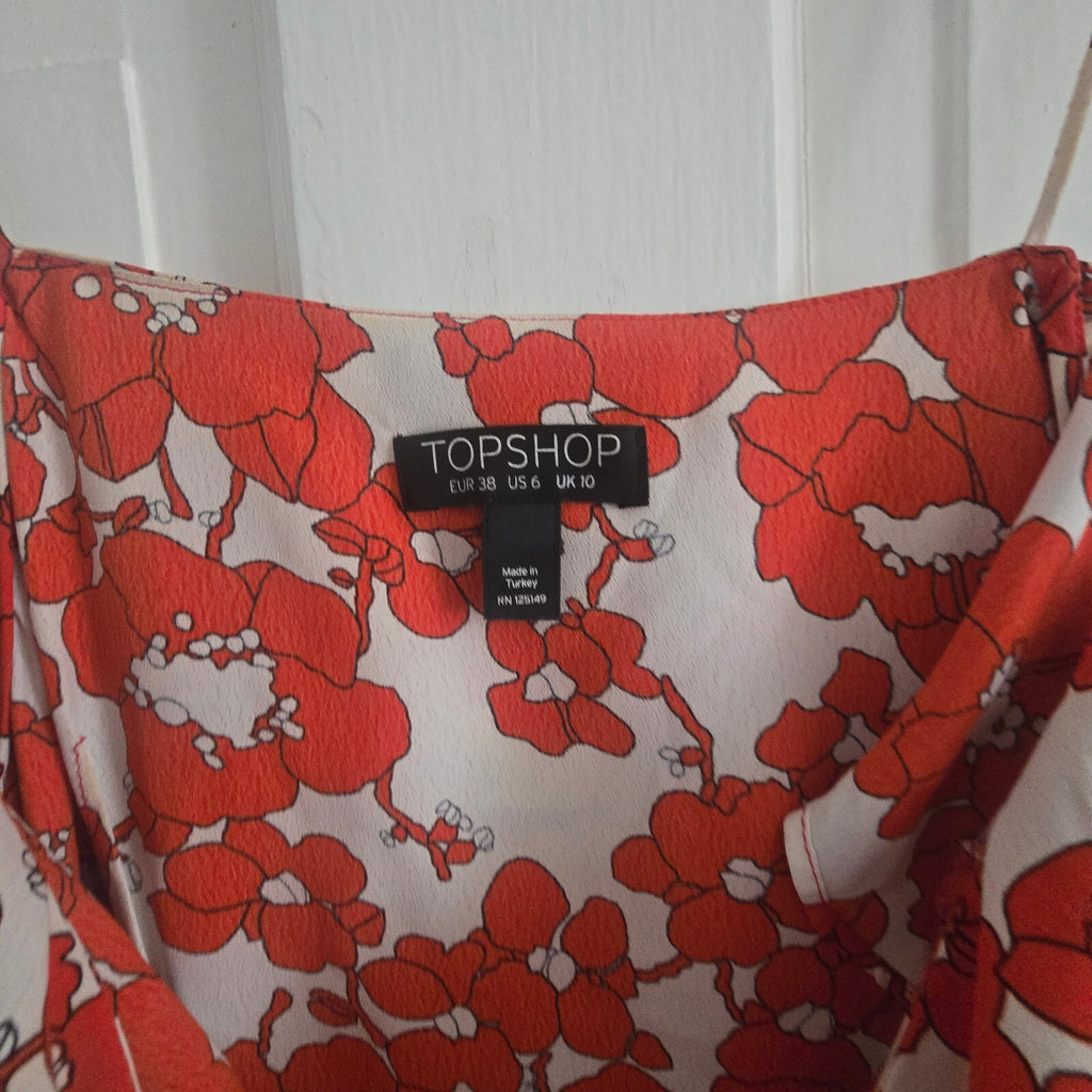 Topshop Red Floral Wrap Dress with Ruffle Detail and Tie Waist, UK 10