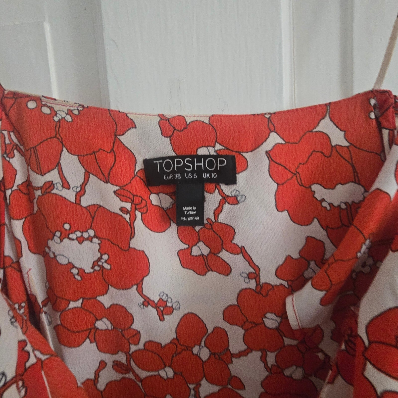 Topshop Red Floral Wrap Dress with Ruffle Detail and Tie Waist, UK 10