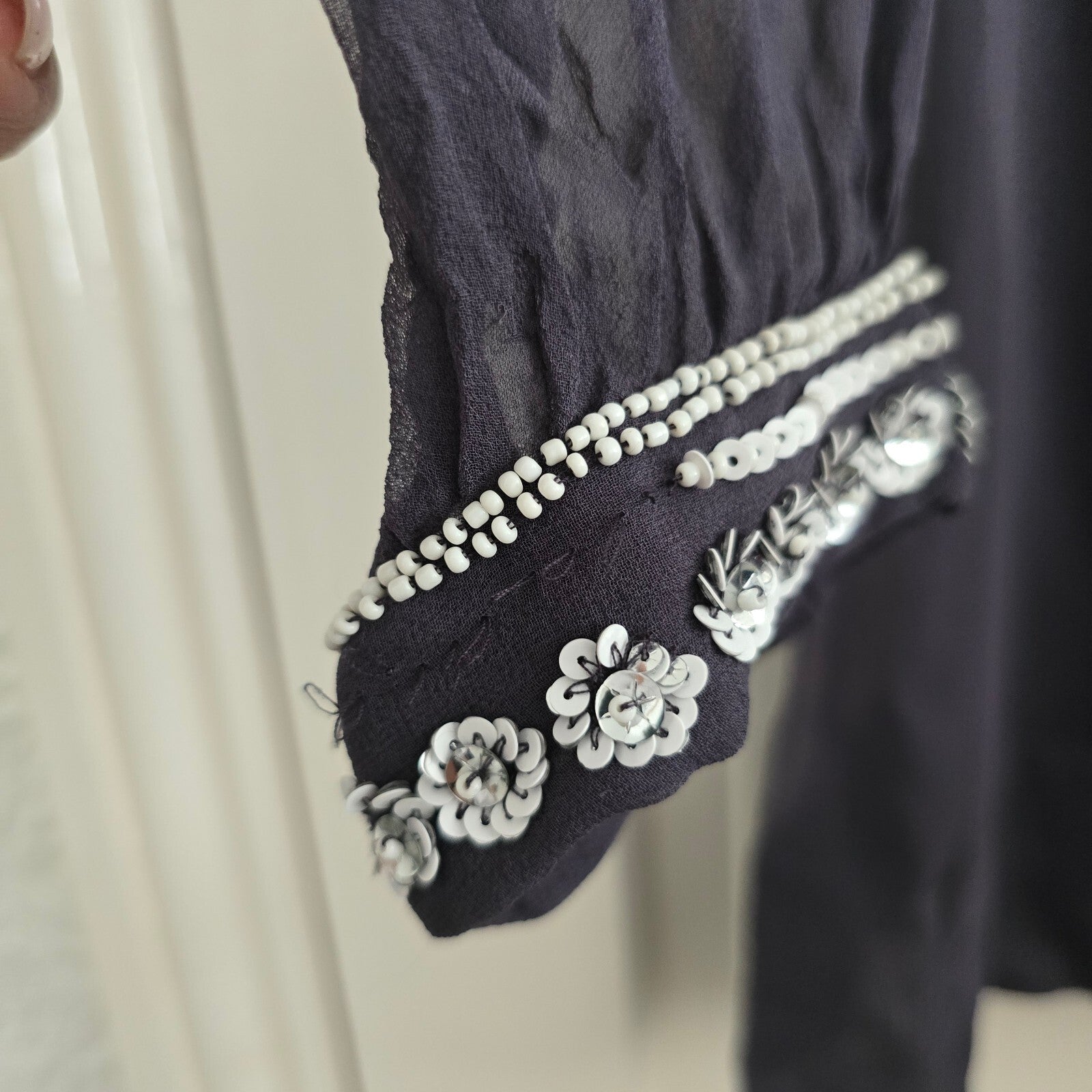 French Connection Embellished Navy Dress Size 8, sheer sleeves, tunic style