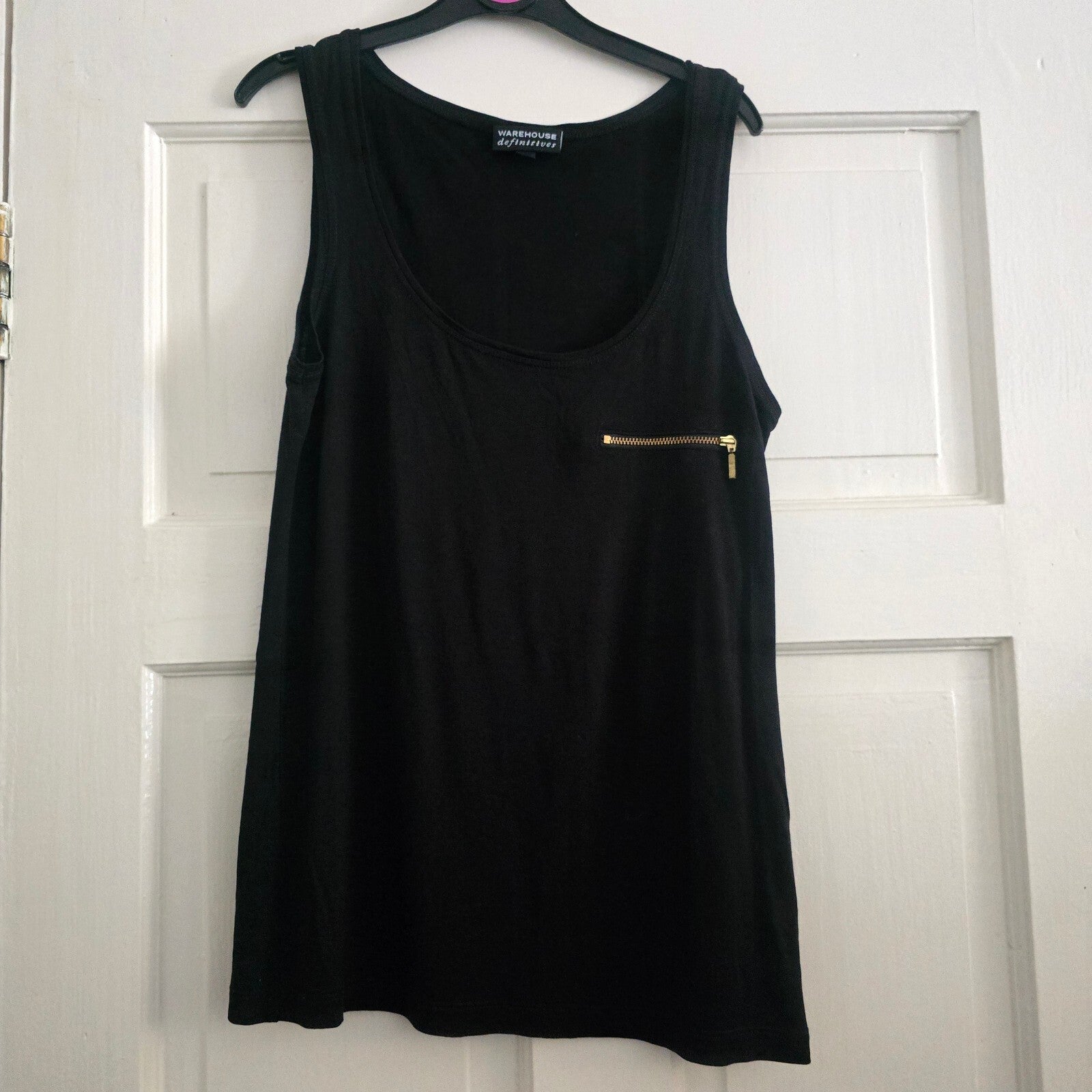 Warehouse Definitives Black Sleeveless Top with Gold Zipper Detail UK 10