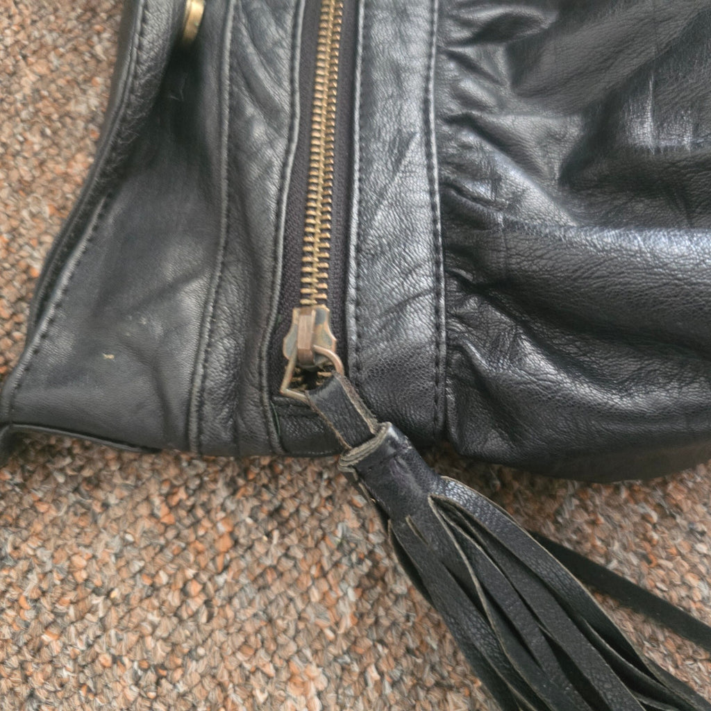 Warehouse Small Black Leather Crossbody Bag with Tassel Detail