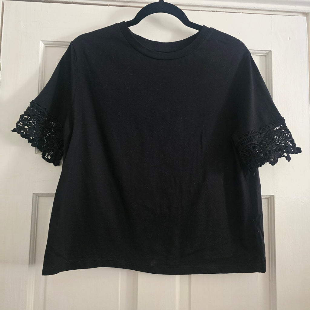 Coast Black Cotton Top with Lace Sleeve Detail UK 12, elegant, formal, smart