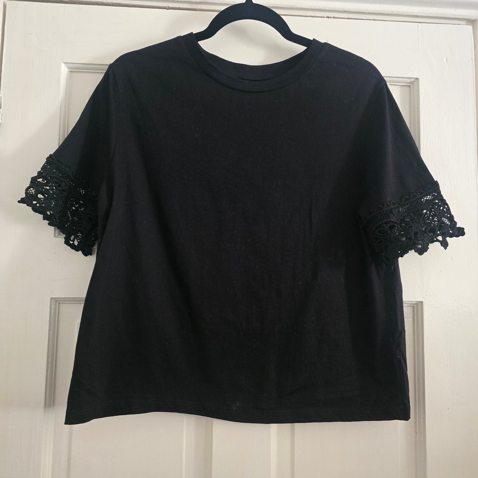 Coast Black Cotton Top with Lace Sleeve Detail UK 12, elegant, formal, smart