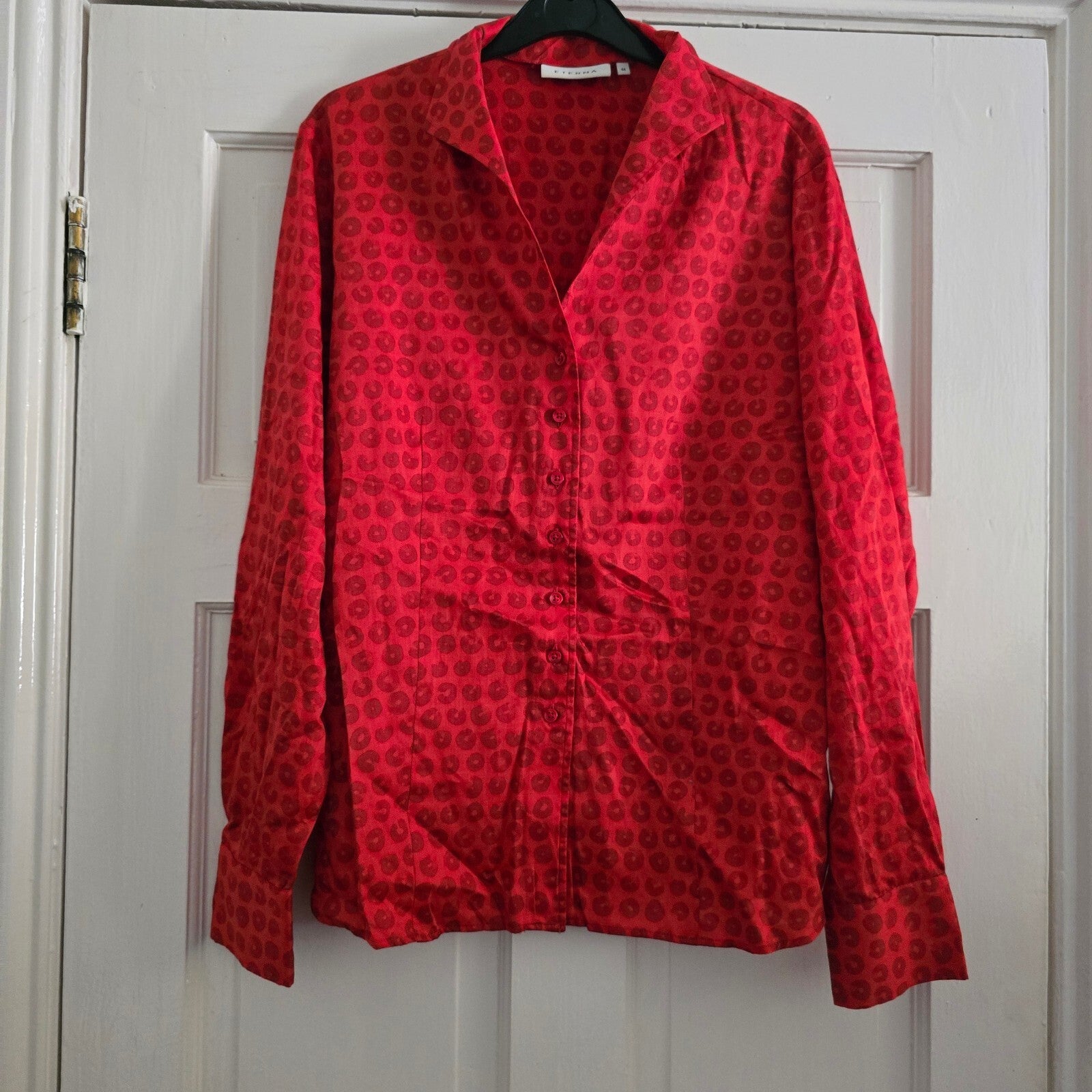 Eterna Red Patterned Cotton Long Sleeve Shirt Blouse, size L, satin feel
