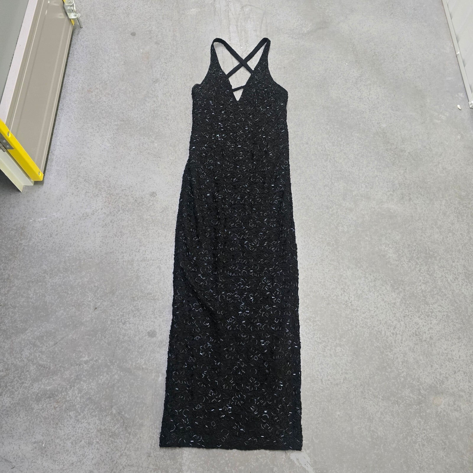 Karen Millen Black Beaded Embellished Evening V neck Maxi Dress Size 10, vintage