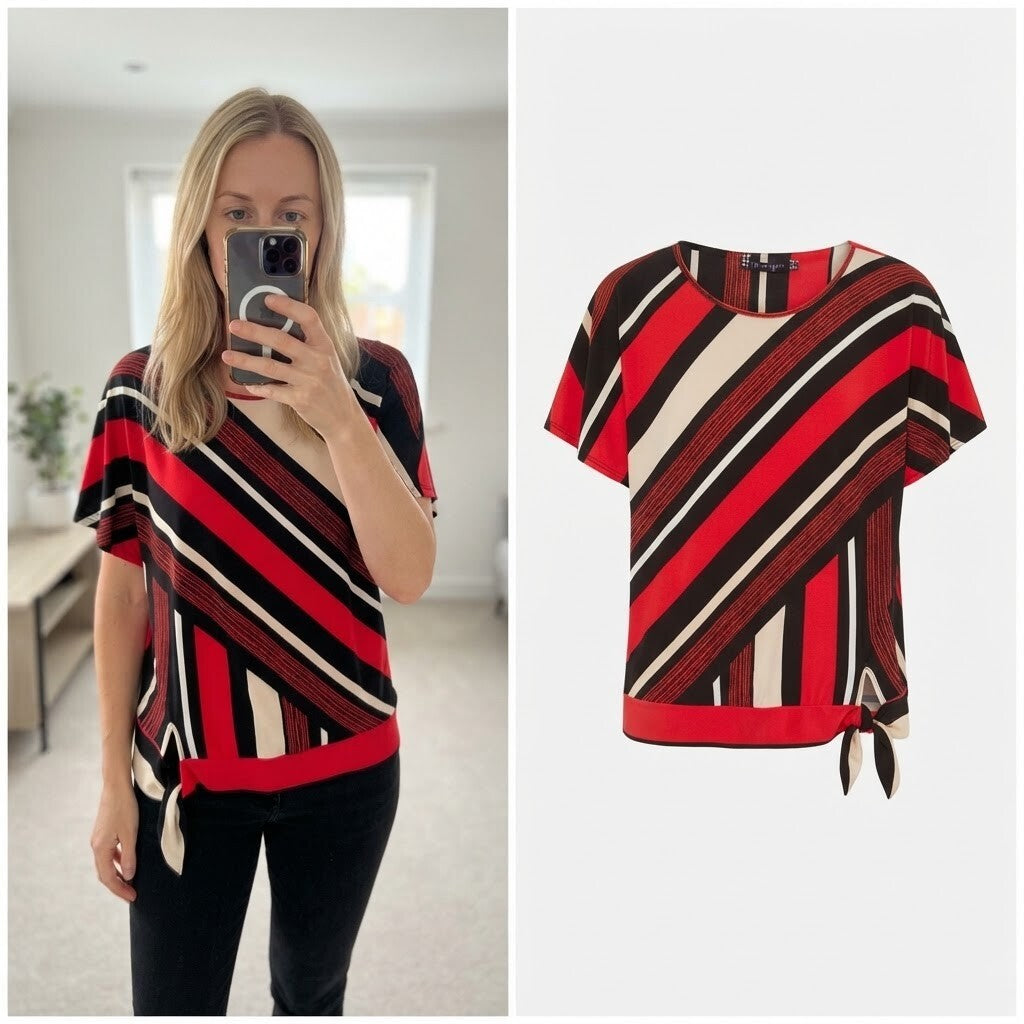 Principles Women's Red, Black, and Beige Striped Short Sleeve Top Size 12