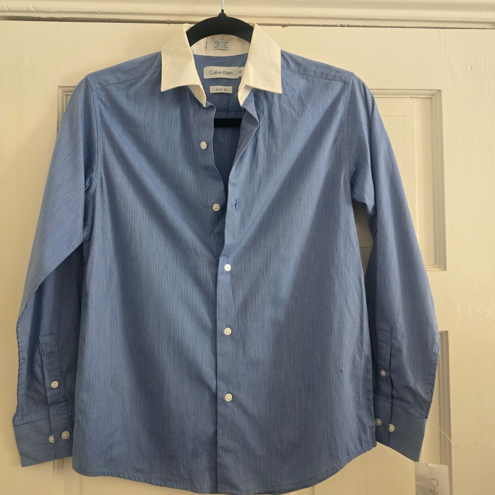 Calvin Klein Slim Fit Blue Pinstripe and White Cotton Slim Fit Shirt, 12, BNWT