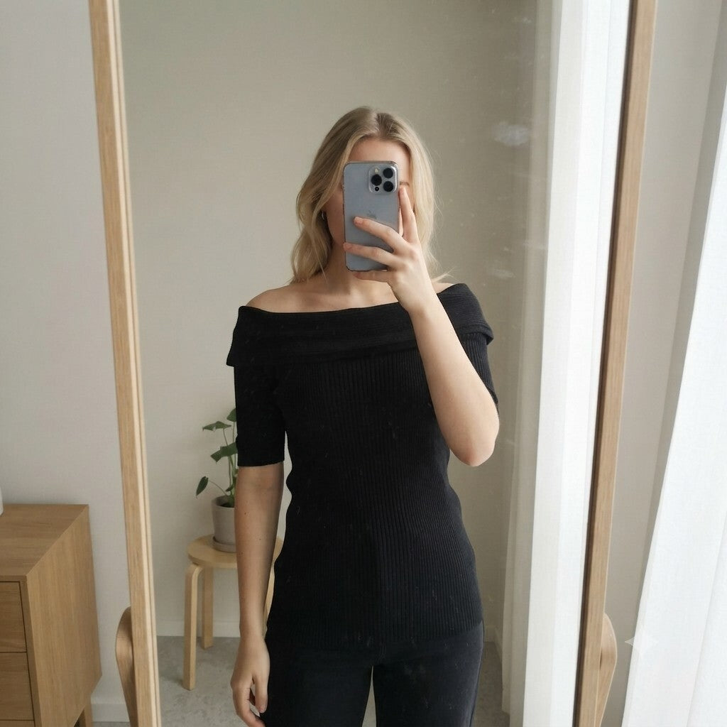 Karen Millen Black Ribbed Off-Shoulder Knit Top Size S, y2k, bardot