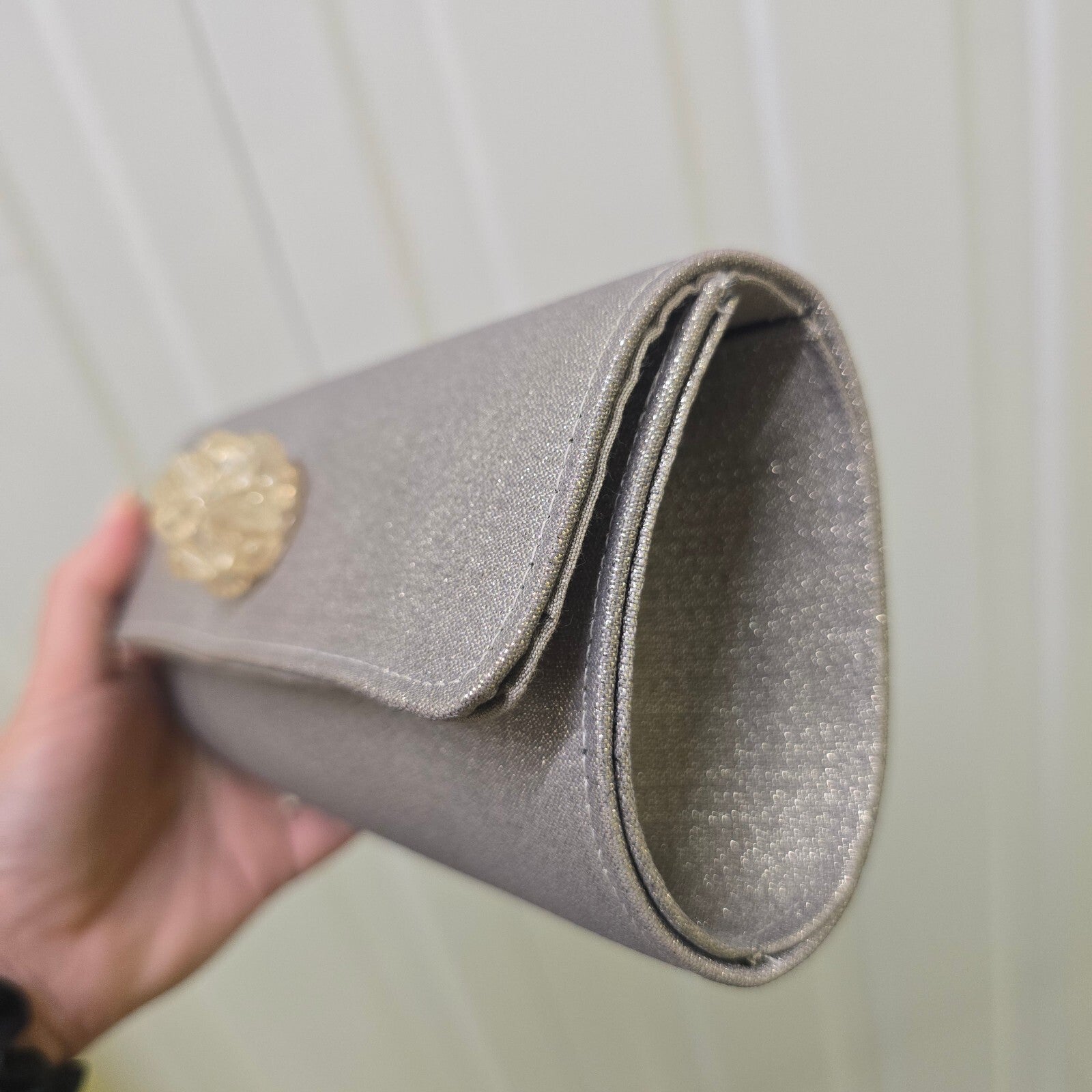 L.K. Bennett Silver Evening Clutch with Floral Crystal Clasp, Vintage Rare
