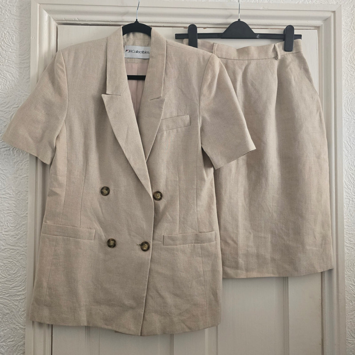 JH Collectibles Beige Linen Blend Skirt Suit Set Size 8, Coord, 2 piece, vintage