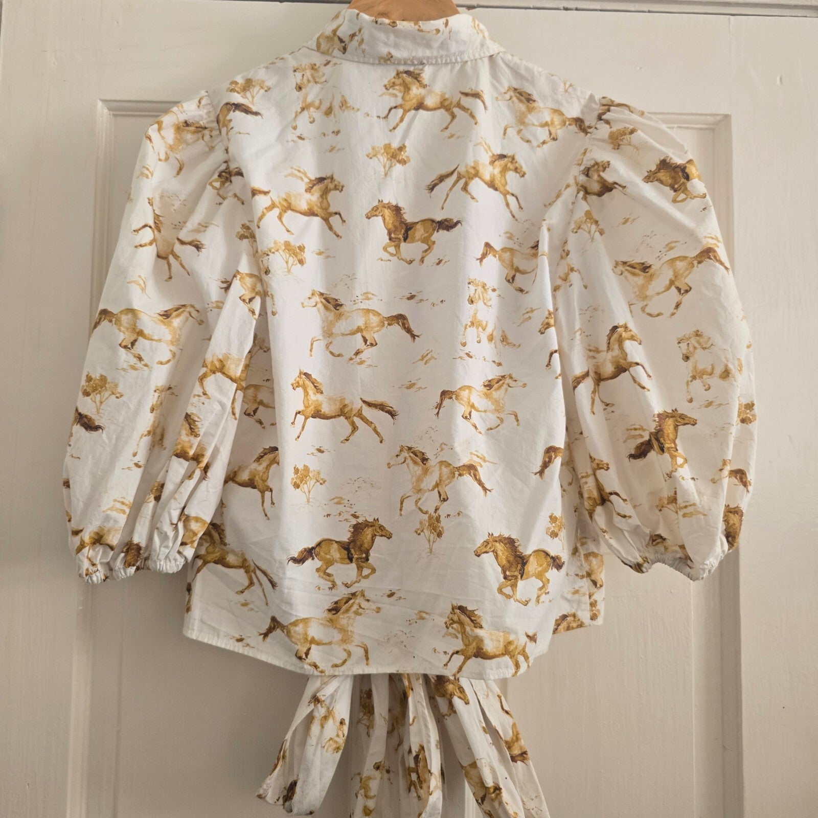 Ganni Horse Print Puff-Sleeve Tie-Front Shirt - Size 34 (UK 6/8), sold out, rare