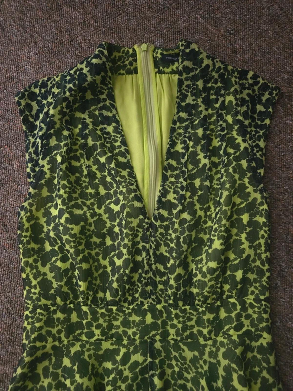 French Connection Feline Wonder A Line Dress, Size 10, Green Animal Print V Neck