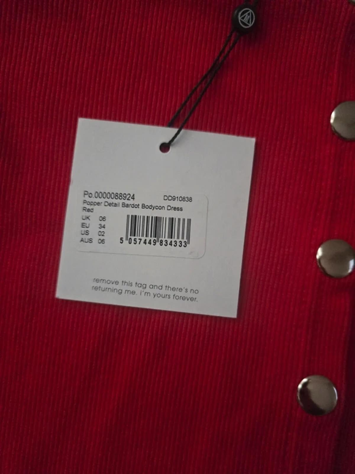 BNWT Missguided Red popper front ribbed strapless dress, bardot, jersey size 6
