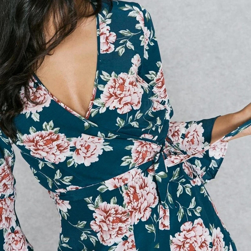 Topshop long sleeve floral print playsuit, romper, size 10, petite, summer, faux wrap