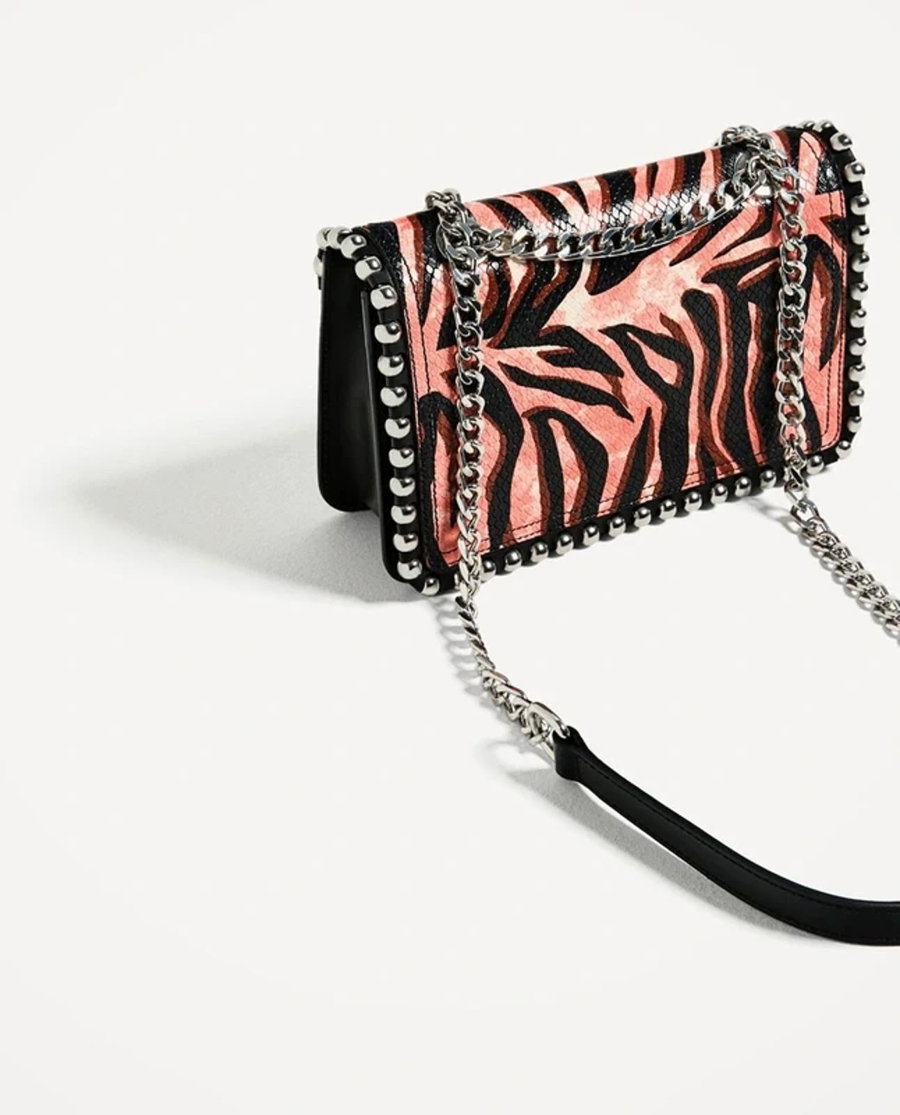 Zara animal print leather crossbody bag with chain strap and stud detailing BNWT