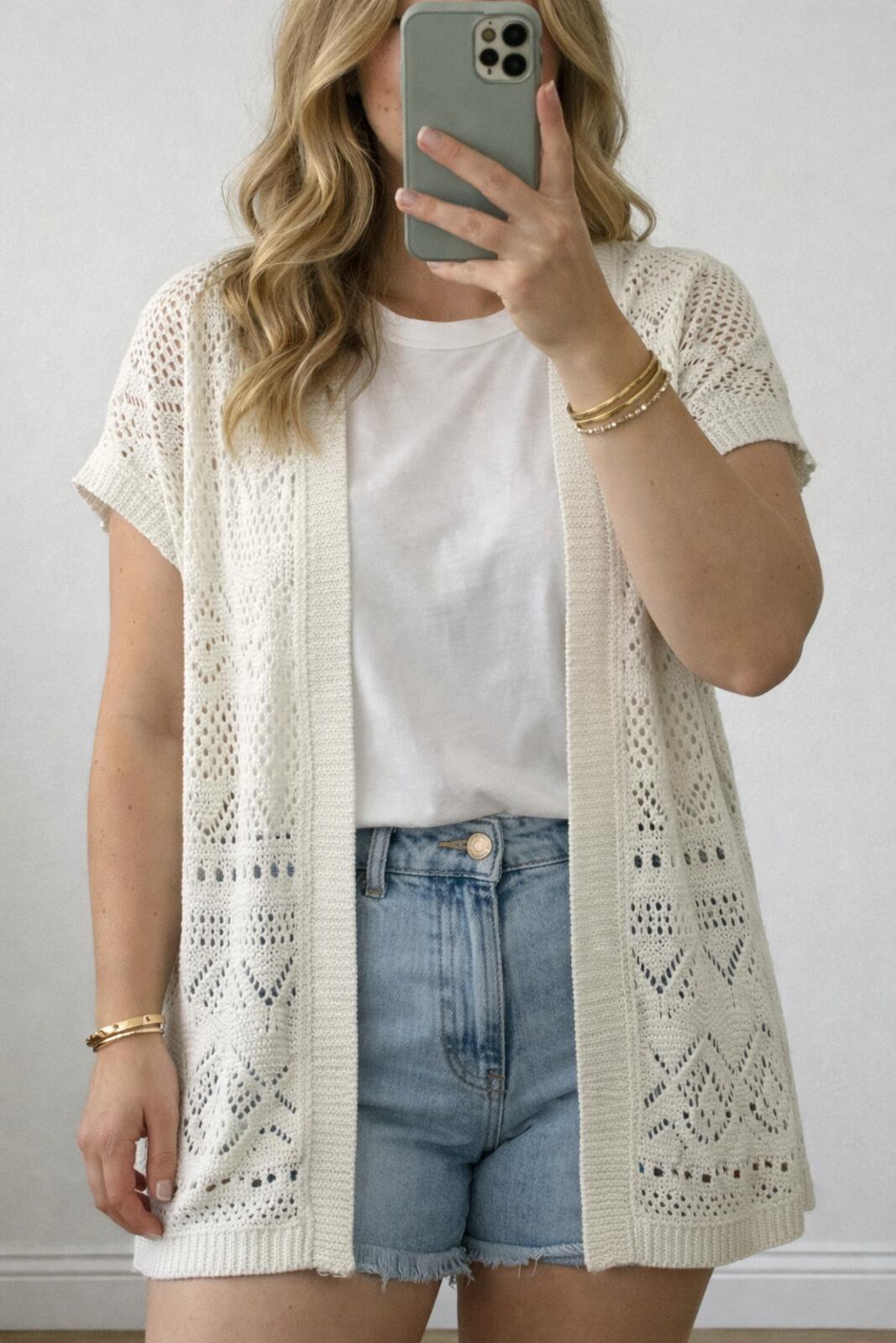 F&F Cream Crochet Knit Open Front Cardigan Size L, layering, trend, festival