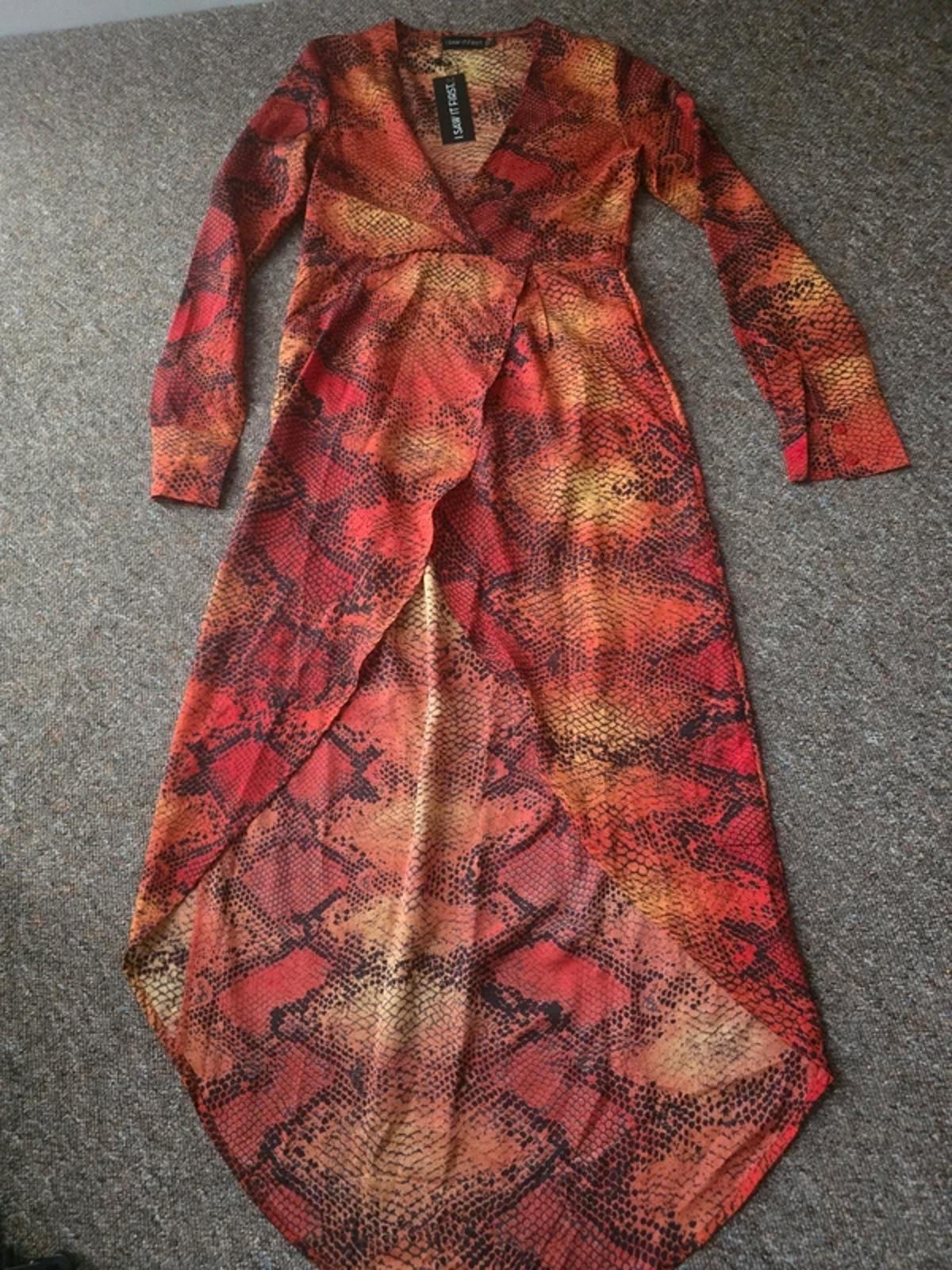 I Saw It First Sunset Snake Print Dress, Long Sleeve Front split, faux wrap, 8