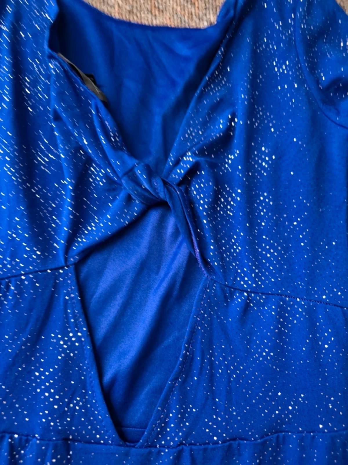 Topshop Blue glitter lurex knot twist back long sleeve mini dress, size 10