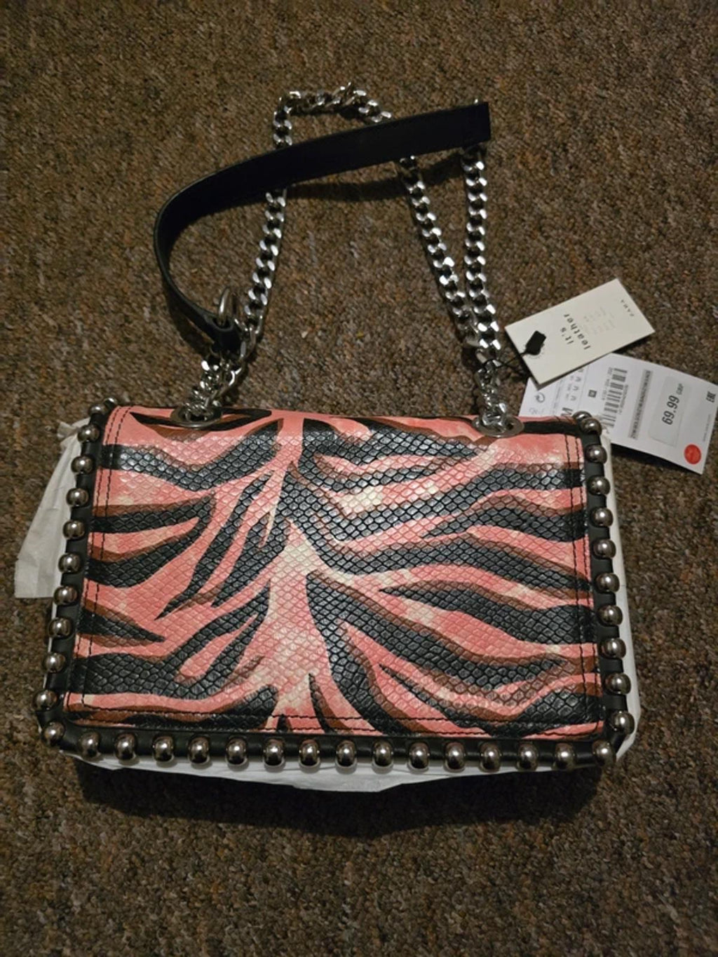 Zara animal print leather crossbody bag with chain strap and stud detailing BNWT