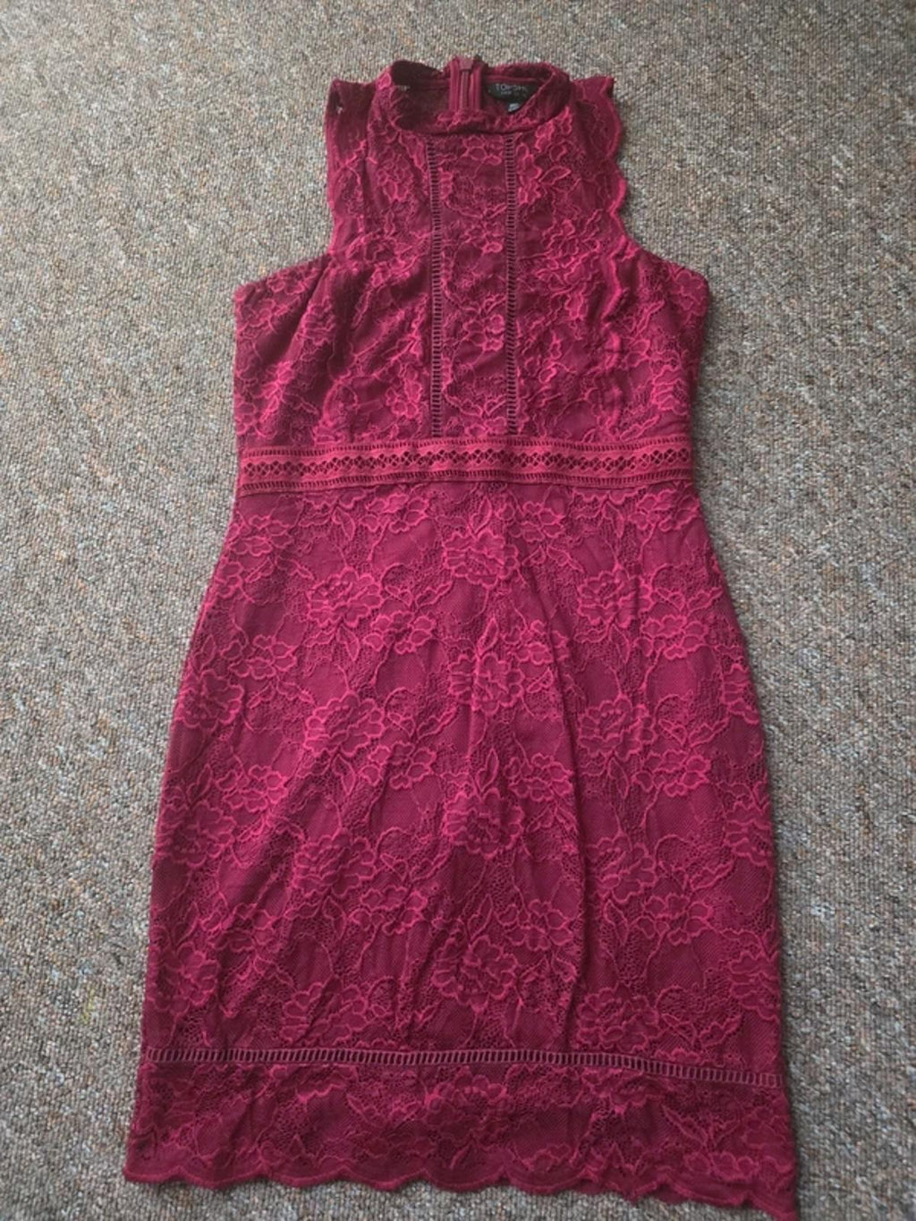 Topshop burgundy sleeveless lace mini dress with high neck, size 10, wedding