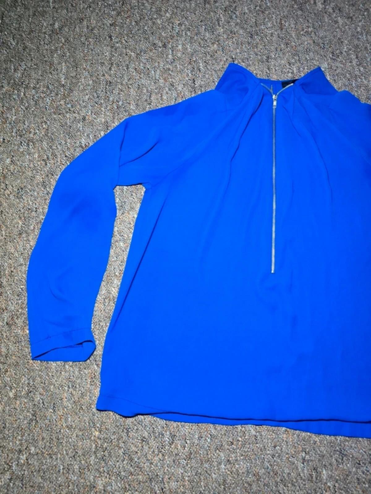 AQUA Royal Blue Chiffon Long sleeve Blouse, Quarter Zip Detail, Size M
