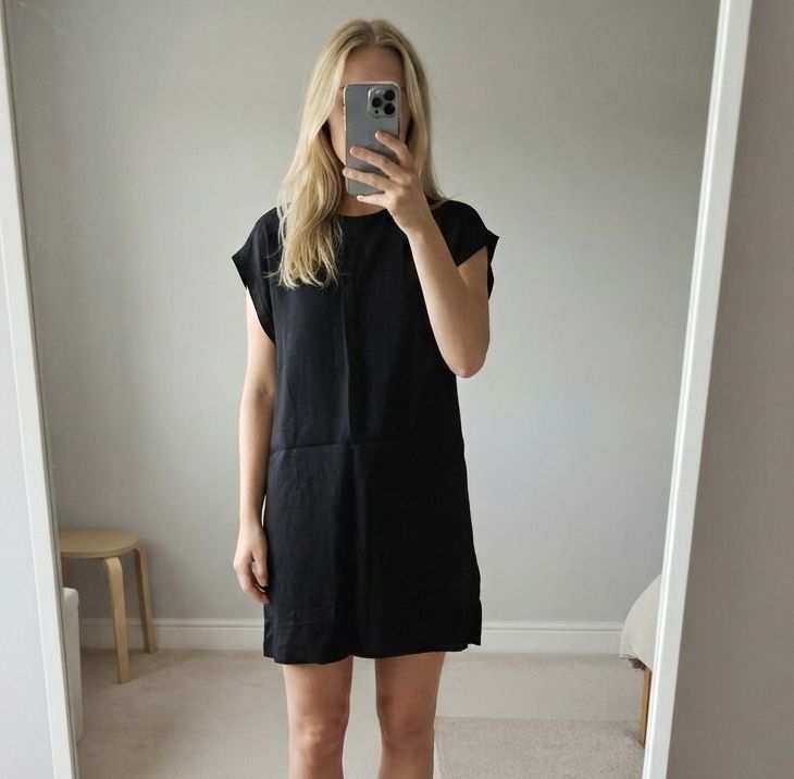 & Other Stories Black Viscose Dress with Gold Zipper Back Detail, size 10