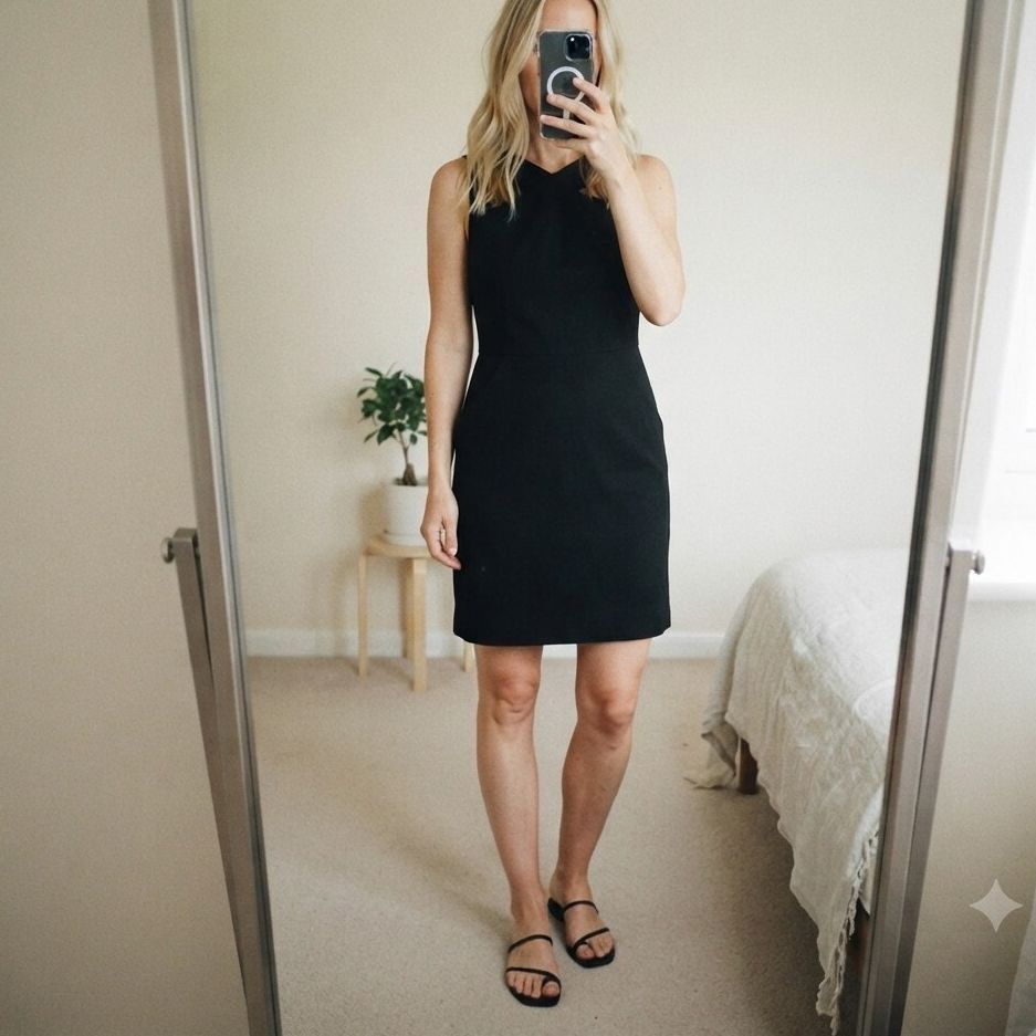 DKNY designer Black Sleeveless Dress, Cross Front Detail Keyhole & Back Zipper